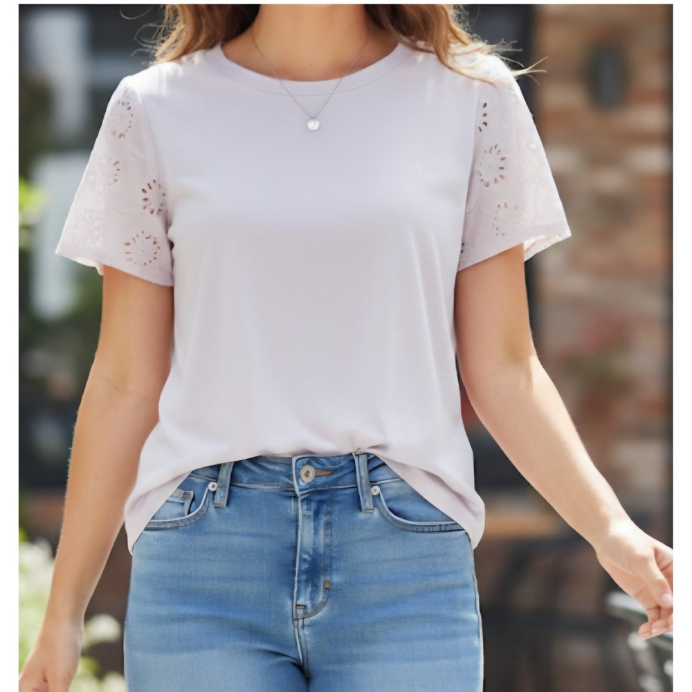 Jane+Delancey Eyelet Embroidered Round Neck Short‎ Sleeve Blouse Size L